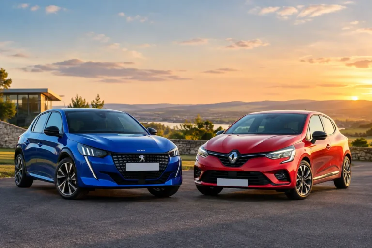 Blue Peugeot 208 and red Renault Clio parked side by side at sunset.
