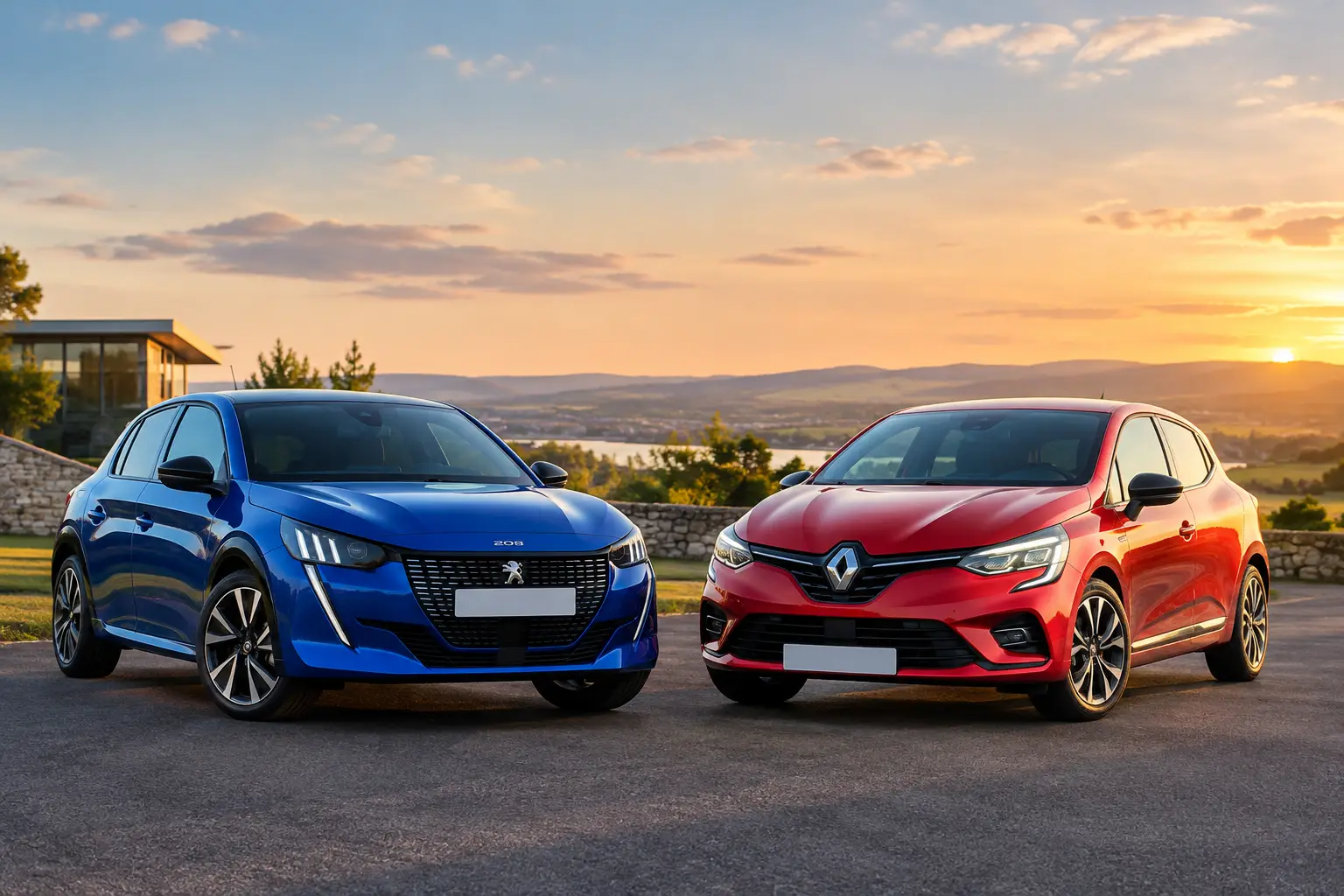 Blue Peugeot 208 and red Renault Clio parked side by side at sunset.