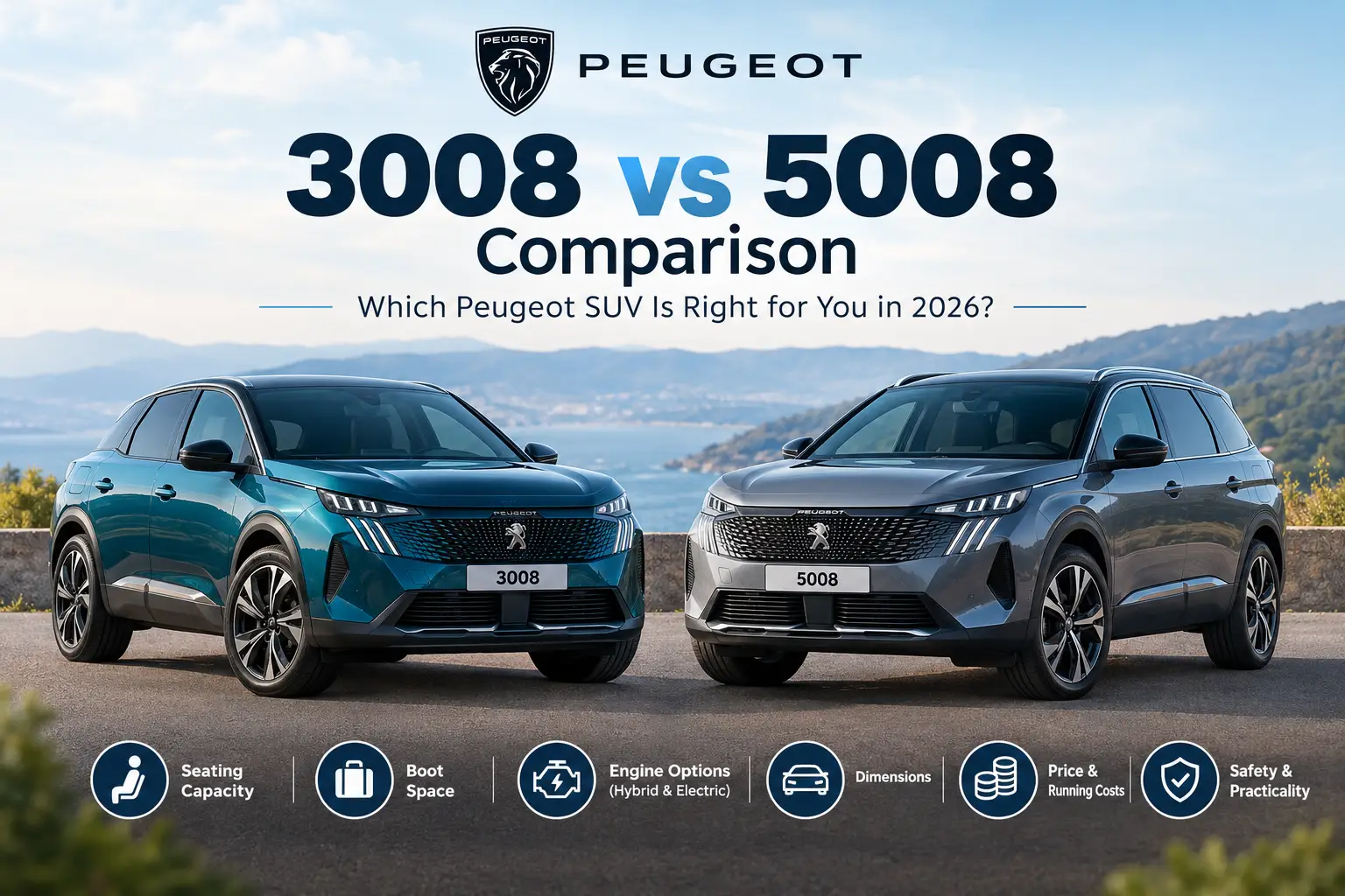 Peugeot 3008 vs 5008 comparison showing both Peugeot SUVs side by side